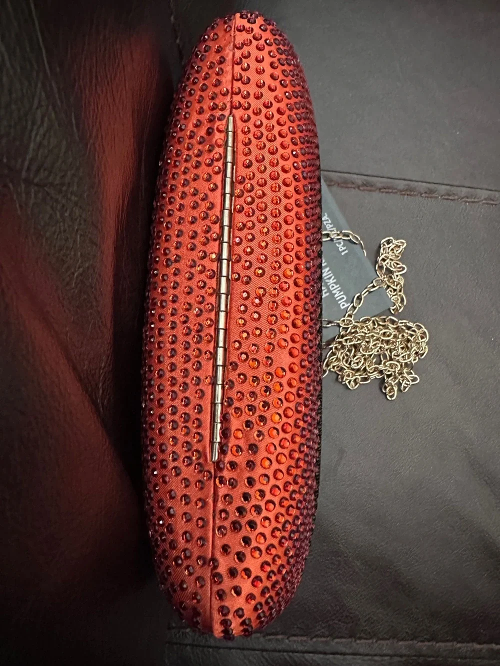Rhinestone Bling Jack-O'-Lantern Pumpkin Evening Clutch with Gold Chain